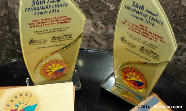 The trophies are acknowledgement of Bro. Eli and UNTV’s excellence in providing positive contribution to the country. The awarding ceremony took place at AFP Theater, Quezon City on February 27, 2014. (Photo by Prince Maverick Medina Marquez, Photoville International)